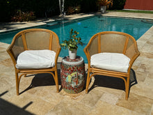 Load image into Gallery viewer, Vintage McGuire Style Rattan Cane Barrel Armchairs and Side Table
