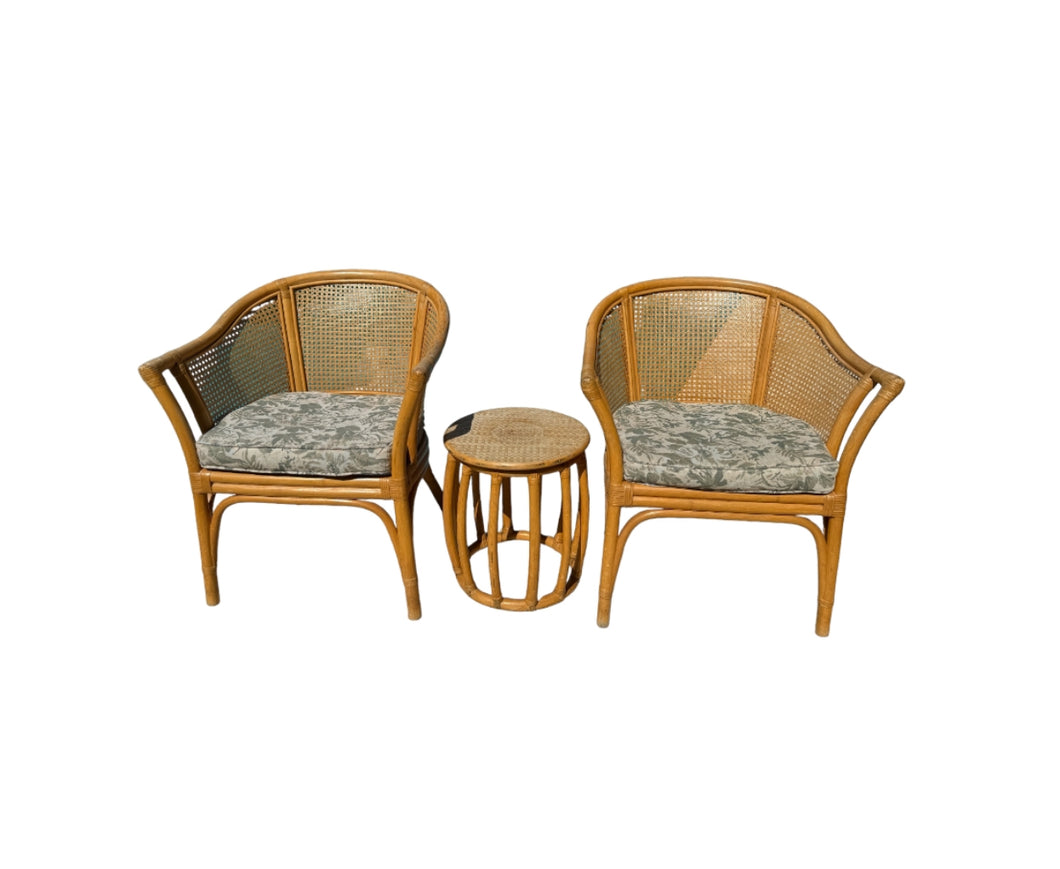 Vintage McGuire Style Rattan Cane Barrel Armchairs and Side Table