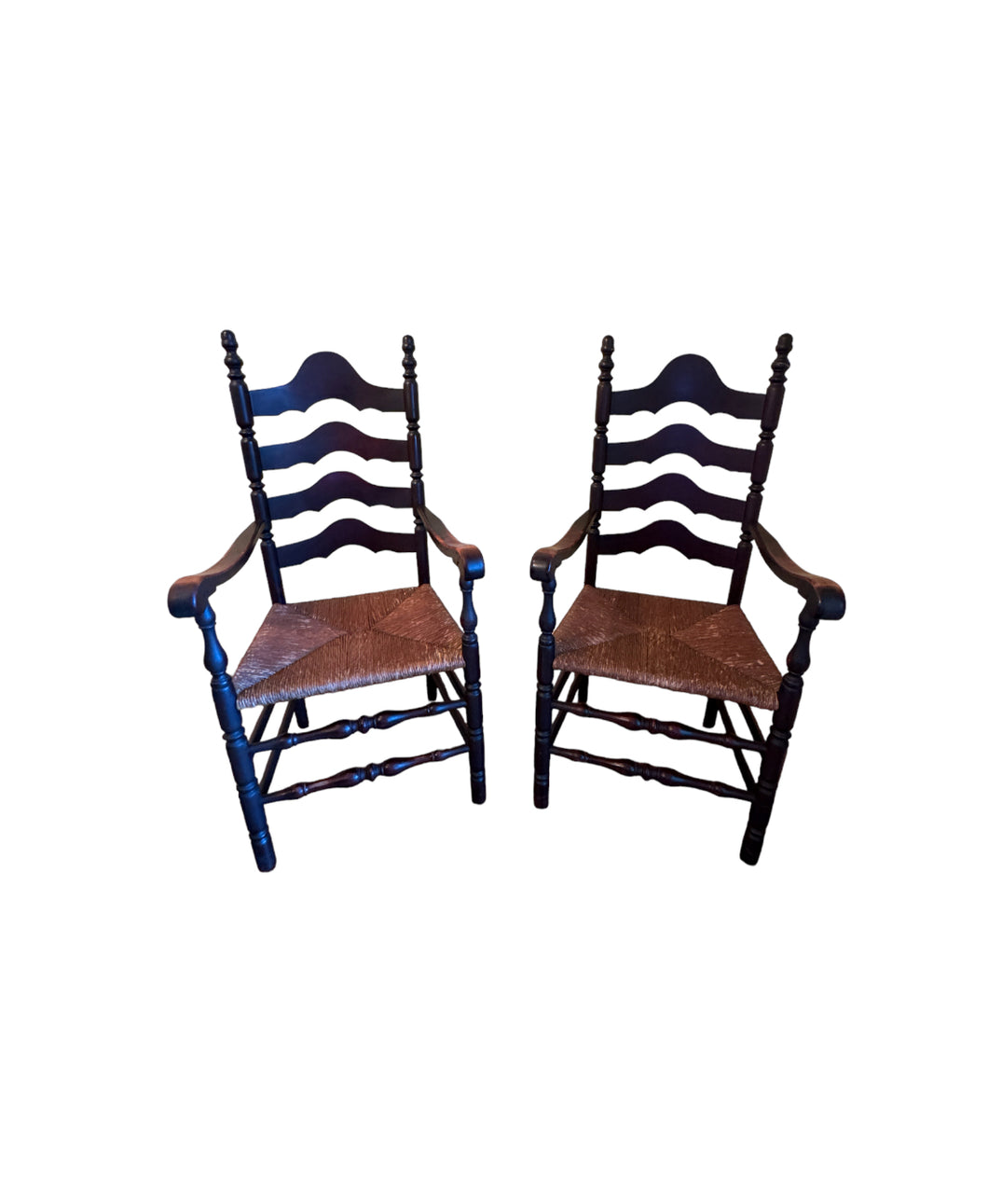 Antique French Country Style Ladderback Chairs with Rush Seats - Set of Two