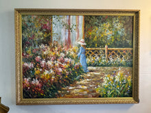 Load image into Gallery viewer, Large Vintage Painting &quot;Woman in the Garden&quot; Signed J. Garoutte Framed, Oil on Canvas
