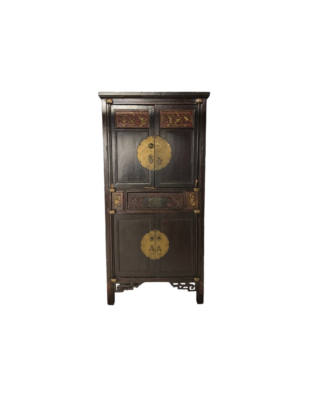 Authentic Antique Chinese Carved Armoire with Brass Hardware