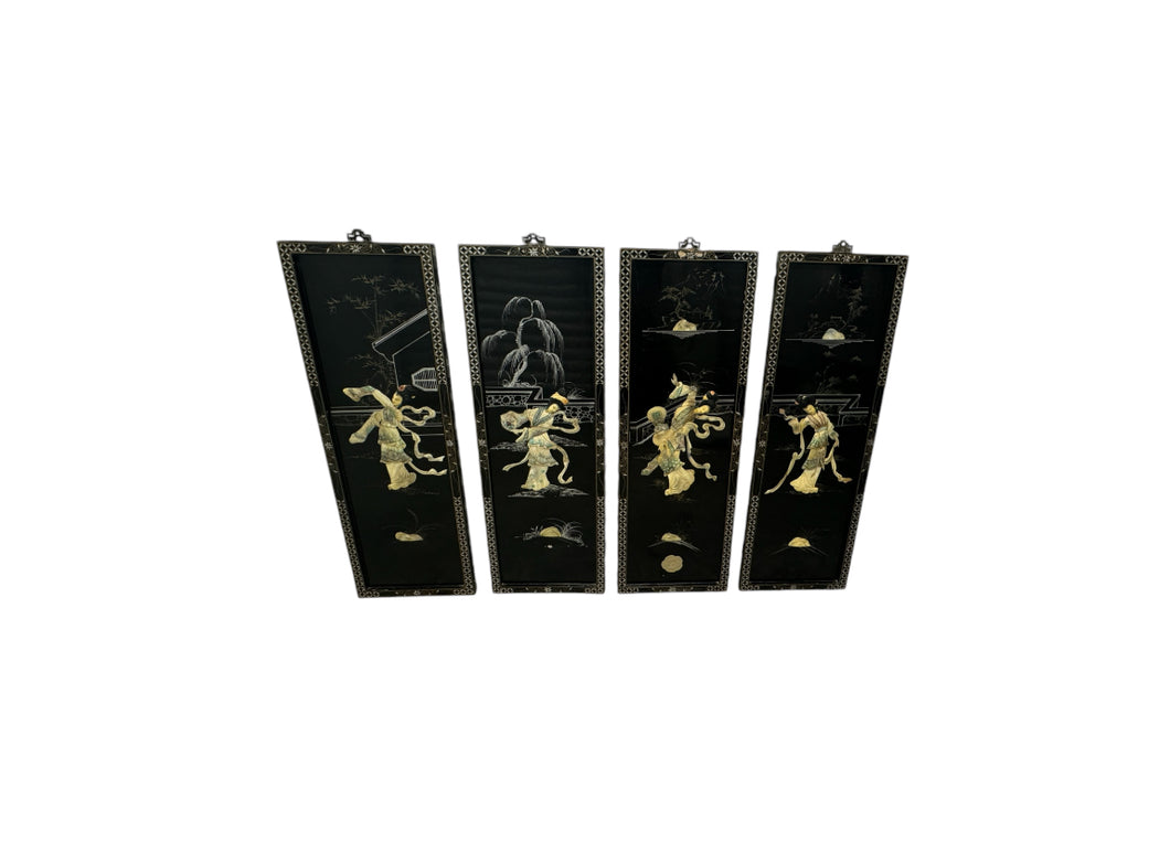 Vintage Chinoiserie Geisha Asian Wall Panel Accents with Mother of Pearl Inlays - set of 4