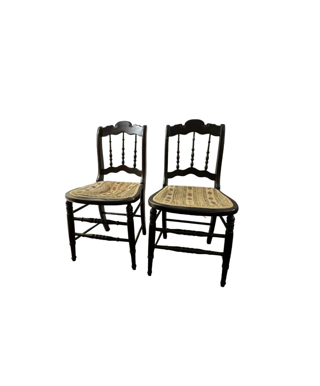 Antique Spindle Back Upholstered Chairs - sold as a set