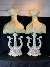 Load image into Gallery viewer, Vintage Hand Painted Italian Harp Lamps with Cherub and Flower Motif - Set of Two
