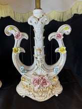 Load image into Gallery viewer, Vintage Hand Painted Italian Harp Lamps with Cherub and Flower Motif - Set of Two
