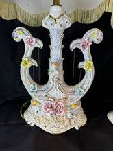 Load image into Gallery viewer, Vintage Hand Painted Italian Harp Lamps with Cherub and Flower Motif - Set of Two
