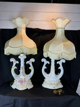 Load image into Gallery viewer, Vintage Hand Painted Italian Harp Lamps with Cherub and Flower Motif - Set of Two
