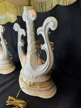 Load image into Gallery viewer, Vintage Hand Painted Italian Harp Lamps with Cherub and Flower Motif - Set of Two
