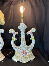 Load image into Gallery viewer, Vintage Hand Painted Italian Harp Lamps with Cherub and Flower Motif - Set of Two
