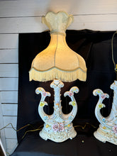 Load image into Gallery viewer, Vintage Hand Painted Italian Harp Lamps with Cherub and Flower Motif - Set of Two
