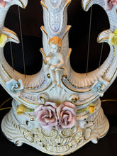 Load image into Gallery viewer, Vintage Hand Painted Italian Harp Lamps with Cherub and Flower Motif - Set of Two
