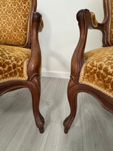 Load image into Gallery viewer, Vintage Louis XV Style Arm Chairs in Velvety Damask Upholstery - A Pair
