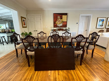 Load image into Gallery viewer, Old Colony Furniture Mahogany Pedestal Table with 8 Carved Sheaf Chairs - Sold as a Set
