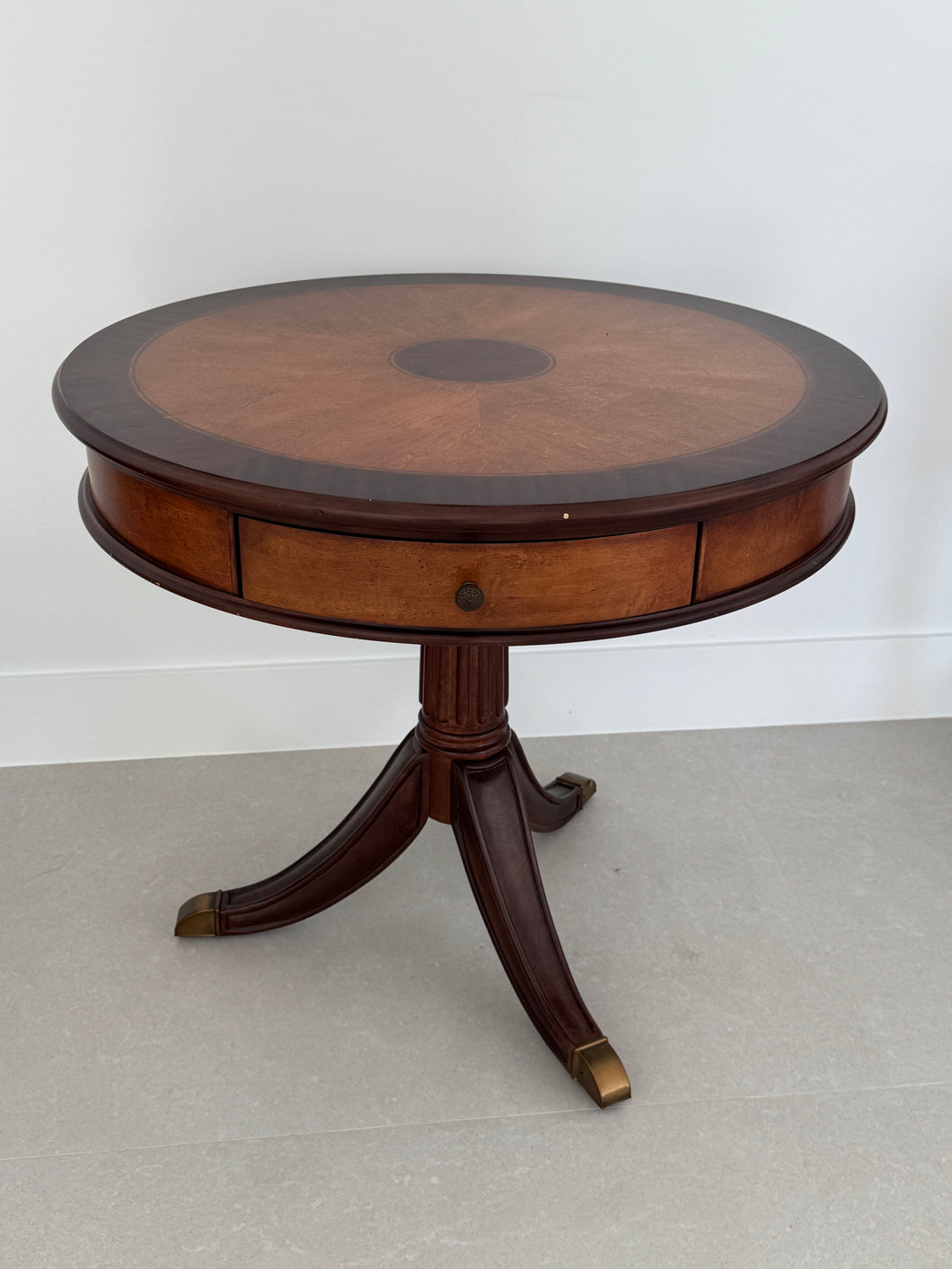 Vintage Schnadig Mahogany Pedestal Round End Table or Drum Table