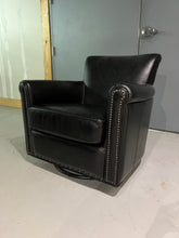 Load image into Gallery viewer, Pottery Barn Irving Roll Arm Leather Swivel Armchair With Nailheads - Midnight Vintage Leather
