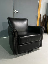 Load image into Gallery viewer, Pottery Barn Irving Roll Arm Leather Swivel Armchair With Nailheads - Midnight Vintage Leather
