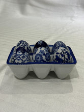 Load image into Gallery viewer, Vintage Porcelain Blue &amp; White Egg Crate with 6 Floral Eggs
