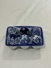 Load image into Gallery viewer, Vintage Porcelain Blue &amp; White Egg Crate with 6 Floral Eggs
