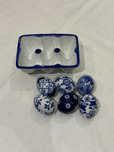 Load image into Gallery viewer, Vintage Porcelain Blue &amp; White Egg Crate with 6 Floral Eggs
