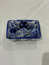 Load image into Gallery viewer, Vintage Porcelain Blue &amp; White Egg Crate with 6 Floral Eggs
