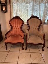 Load image into Gallery viewer, Vintage Kimball Victorian Mahogany Parlor Chairs - Set of Two Ladies and Gentleman&#39;s Chairs
