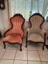 Load image into Gallery viewer, Vintage Kimball Victorian Mahogany Parlor Chairs - Set of Two Ladies and Gentleman&#39;s Chairs
