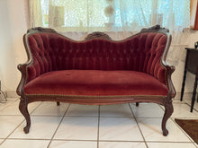 Load image into Gallery viewer, 1940s Victorian Carved Mahogany Red Wine Velvet Parlor Settee /Loveseat / Sofa / Couch
