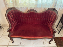 Load image into Gallery viewer, 1940s Victorian Carved Mahogany Red Wine Velvet Parlor Settee /Loveseat / Sofa / Couch
