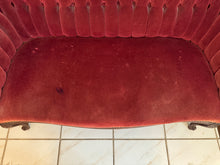 Load image into Gallery viewer, 1940s Victorian Carved Mahogany Red Wine Velvet Parlor Settee /Loveseat / Sofa / Couch
