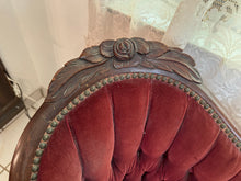 Load image into Gallery viewer, 1940s Victorian Carved Mahogany Red Wine Velvet Parlor Settee /Loveseat / Sofa / Couch
