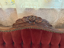 Load image into Gallery viewer, 1940s Victorian Carved Mahogany Red Wine Velvet Parlor Settee /Loveseat / Sofa / Couch
