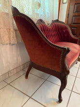 Load image into Gallery viewer, 1940s Victorian Carved Mahogany Red Wine Velvet Parlor Settee /Loveseat / Sofa / Couch
