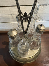 Load image into Gallery viewer, Antique Siler Plated Cruet Set with 5 Accented Glass Condiment Bottles
