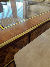 Load image into Gallery viewer, Vintage 1970s Milo Baughman Style Retro Square Coffee Table in Burlwood with Gold Accents
