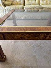 Load image into Gallery viewer, Vintage 1970s Milo Baughman Style Retro Square Coffee Table in Burlwood with Gold Accents

