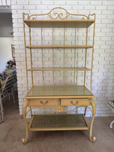 Load image into Gallery viewer, Vintage 1970s Wrought Iron Bakers Rack with Woven Rattan Shelves
