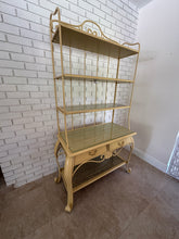 Load image into Gallery viewer, Vintage 1970s Wrought Iron Bakers Rack with Woven Rattan Shelves
