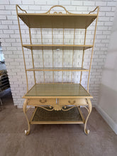 Load image into Gallery viewer, Vintage 1970s Wrought Iron Bakers Rack with Woven Rattan Shelves

