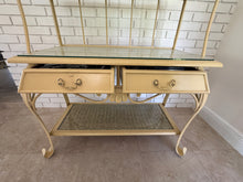 Load image into Gallery viewer, Vintage 1970s Wrought Iron Bakers Rack with Woven Rattan Shelves
