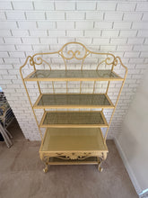 Load image into Gallery viewer, Vintage 1970s Wrought Iron Bakers Rack with Woven Rattan Shelves
