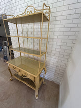 Load image into Gallery viewer, Vintage 1970s Wrought Iron Bakers Rack with Woven Rattan Shelves
