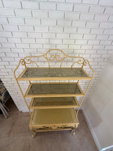 Load image into Gallery viewer, Vintage 1970s Wrought Iron Bakers Rack with Woven Rattan Shelves
