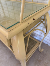 Load image into Gallery viewer, Vintage 1970s Wrought Iron Bakers Rack with Woven Rattan Shelves
