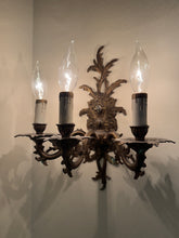 Load image into Gallery viewer, Pair of Vintage Bronze Three Arm Wall Sconces with White Candlesticks
