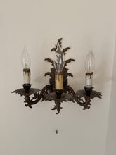 Load image into Gallery viewer, Pair of Vintage Bronze Three Arm Wall Sconces with White Candlesticks
