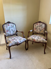 Load image into Gallery viewer, Antique French Louis XV Style Upholstered Carved Mahogany Arm Chairs - Set of Two
