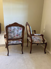 Load image into Gallery viewer, Antique French Louis XV Style Upholstered Carved Mahogany Arm Chairs - Set of Two
