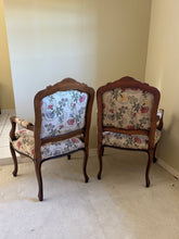 Load image into Gallery viewer, Antique French Louis XV Style Upholstered Carved Mahogany Arm Chairs - Set of Two
