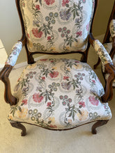 Load image into Gallery viewer, Antique French Louis XV Style Upholstered Carved Mahogany Arm Chairs - Set of Two
