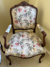 Load image into Gallery viewer, Antique French Louis XV Style Upholstered Carved Mahogany Arm Chairs - Set of Two
